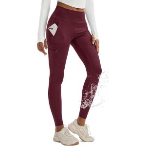 imageMAGCOMSEN Womens Hiking Leggings with 4 Zipper Pockets Water Resistant High Waisted Cargo Leggings Workout Running YogaWine Red