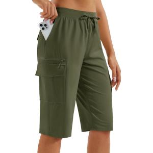 imageMAGCOMSEN Womens 13quot Long Hiking Shorts UPF50 Lightweight Quick Dry Knee Length Bermuda Cargo Shorts with 6 PocketsArmy Green