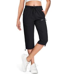 imageMAGCOMSEN Womens Hiking Capri Pants UPF 50 Lightweight Quick Dry Casual Golf Cargo Crop Pants with 5 Pockets SummerBlack