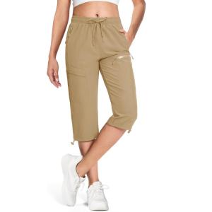 imageMAGCOMSEN Womens Hiking Capri Pants UPF 50 Lightweight Quick Dry Casual Golf Cargo Crop Pants with 5 Pockets SummerKhaki