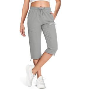 imageMAGCOMSEN Womens Hiking Capri Pants UPF 50 Lightweight Quick Dry Casual Golf Cargo Crop Pants with 5 Pockets SummerLight Grey
