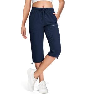 imageMAGCOMSEN Womens Hiking Capri Pants UPF 50 Lightweight Quick Dry Casual Golf Cargo Crop Pants with 5 Pockets SummerNavy Blue