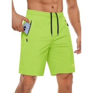 imageMAGCOMSEN Mens Athletic Running Shorts 9quot Quick Dry Lightweight Sport Workout Hiking Gym Shorts with Zipper PocketsYellow Green