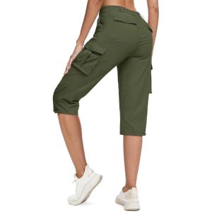 imageMAGCOMSEN Womens Cargo Capris Pants with 6 Pockets Lightweight Water Resistant Hiking Travel Pants Summer CasualArmy Green