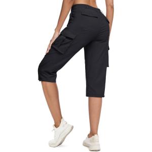 imageMAGCOMSEN Womens Cargo Capris Pants with 6 Pockets Lightweight Water Resistant Hiking Travel Pants Summer CasualBlack