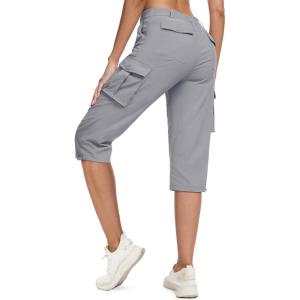 imageMAGCOMSEN Womens Cargo Capris Pants with 6 Pockets Lightweight Water Resistant Hiking Travel Pants Summer CasualLight Grey