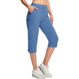 imageMAGCOMSEN Womens Hiking Capris Pants Cargo Lightweight Stretch Water Resistant Joggers with 5 Pockets for OutdoorBlue Grey