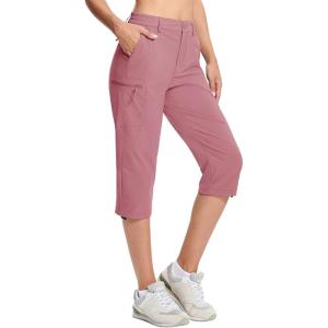 imageMAGCOMSEN Womens Hiking Capris Pants Cargo Lightweight Stretch Water Resistant Joggers with 5 Pockets for OutdoorGrey Pink