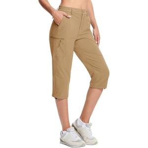 imageMAGCOMSEN Womens Hiking Capris Pants Cargo Lightweight Stretch Water Resistant Joggers with 5 Pockets for OutdoorKhaki