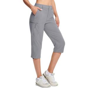 imageMAGCOMSEN Womens Hiking Capris Pants Cargo Lightweight Stretch Water Resistant Joggers with 5 Pockets for OutdoorLight Grey