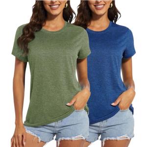 imageMAGCOMSEN Womens Short Sleeve Quick Dry TShirt Cool Wicking Moisture Workout Athletic Hiking Running Yoga Gym 2 Pack2 Packarmy Green dark Blue