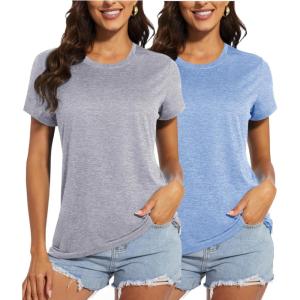 imageMAGCOMSEN Womens Short Sleeve Quick Dry TShirt Cool Wicking Moisture Workout Athletic Hiking Running Yoga Gym 2 Pack2 Packlight Grey light Blue