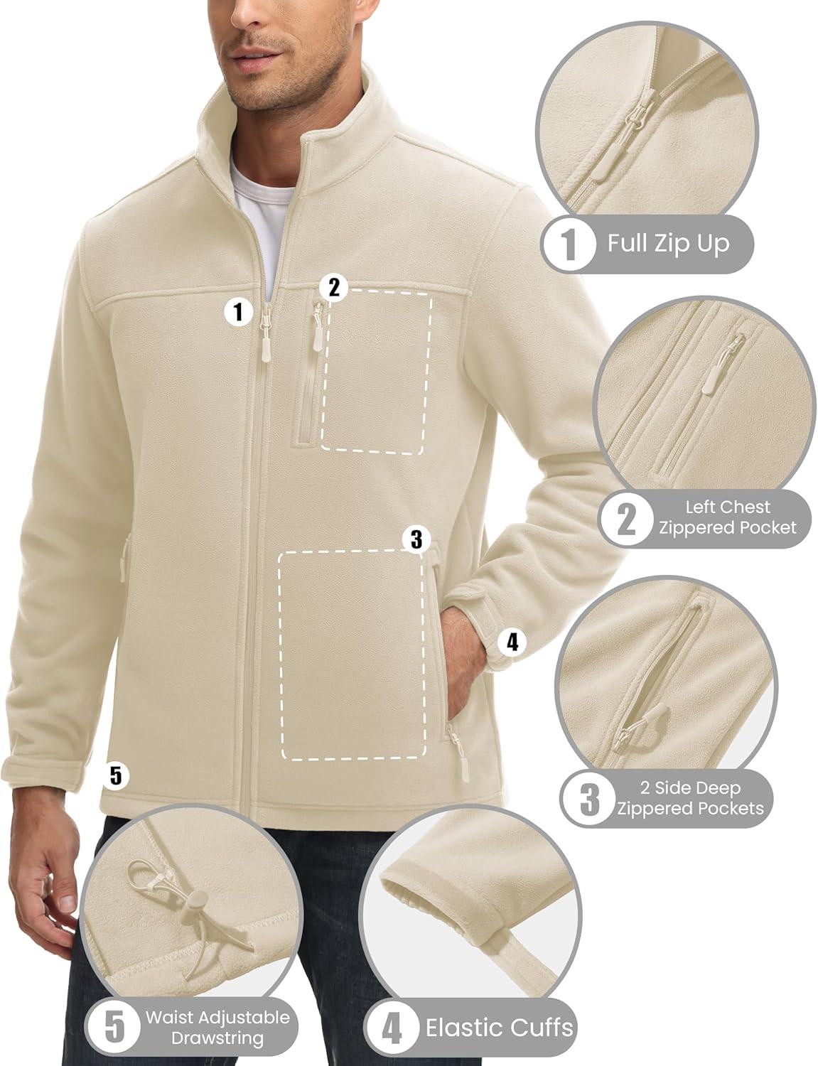 imageMAGCOMSEN Mens Winter Zip Up Polar Fleece Jacket Athletic Tactical Hiking Outdoor Jackets with 3 PocketsCream
