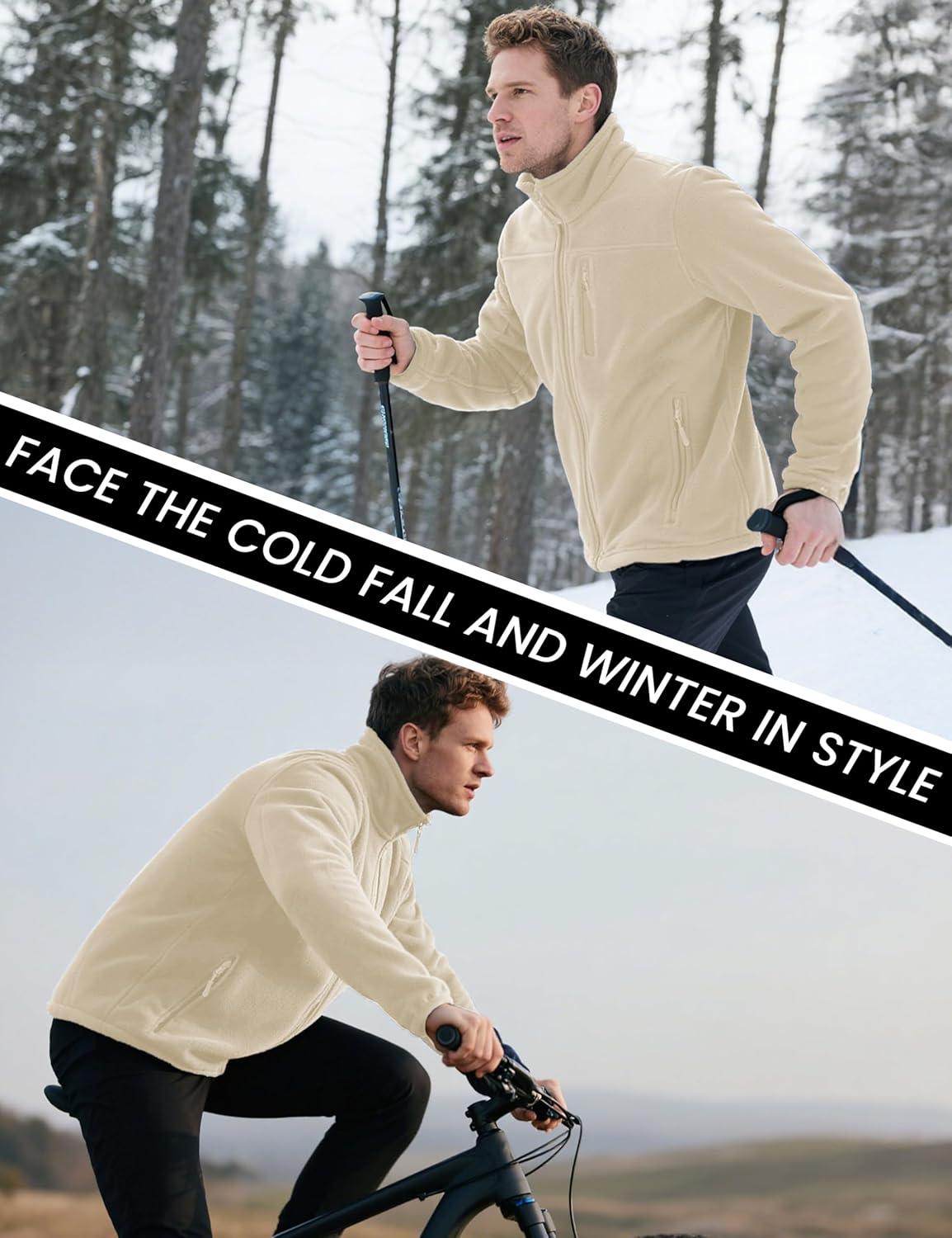 imageMAGCOMSEN Mens Winter Zip Up Polar Fleece Jacket Athletic Tactical Hiking Outdoor Jackets with 3 PocketsCream