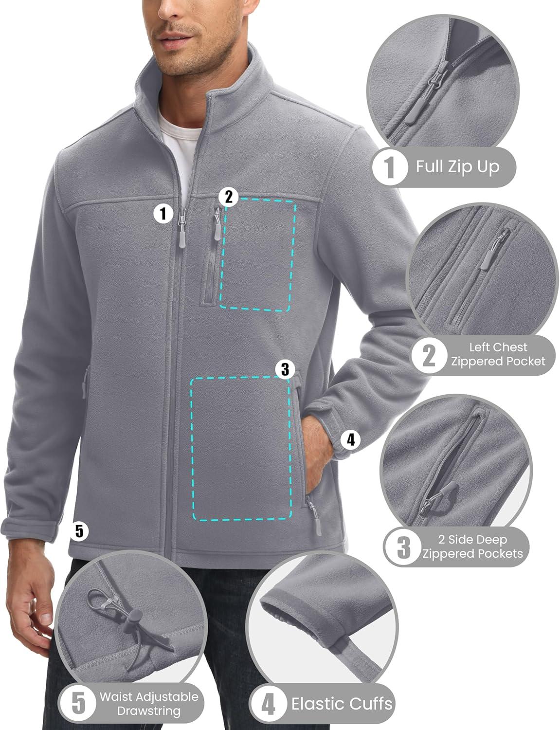 imageMAGCOMSEN Mens Winter Zip Up Polar Fleece Jacket Athletic Tactical Hiking Outdoor Jackets with 3 PocketsLight Grey