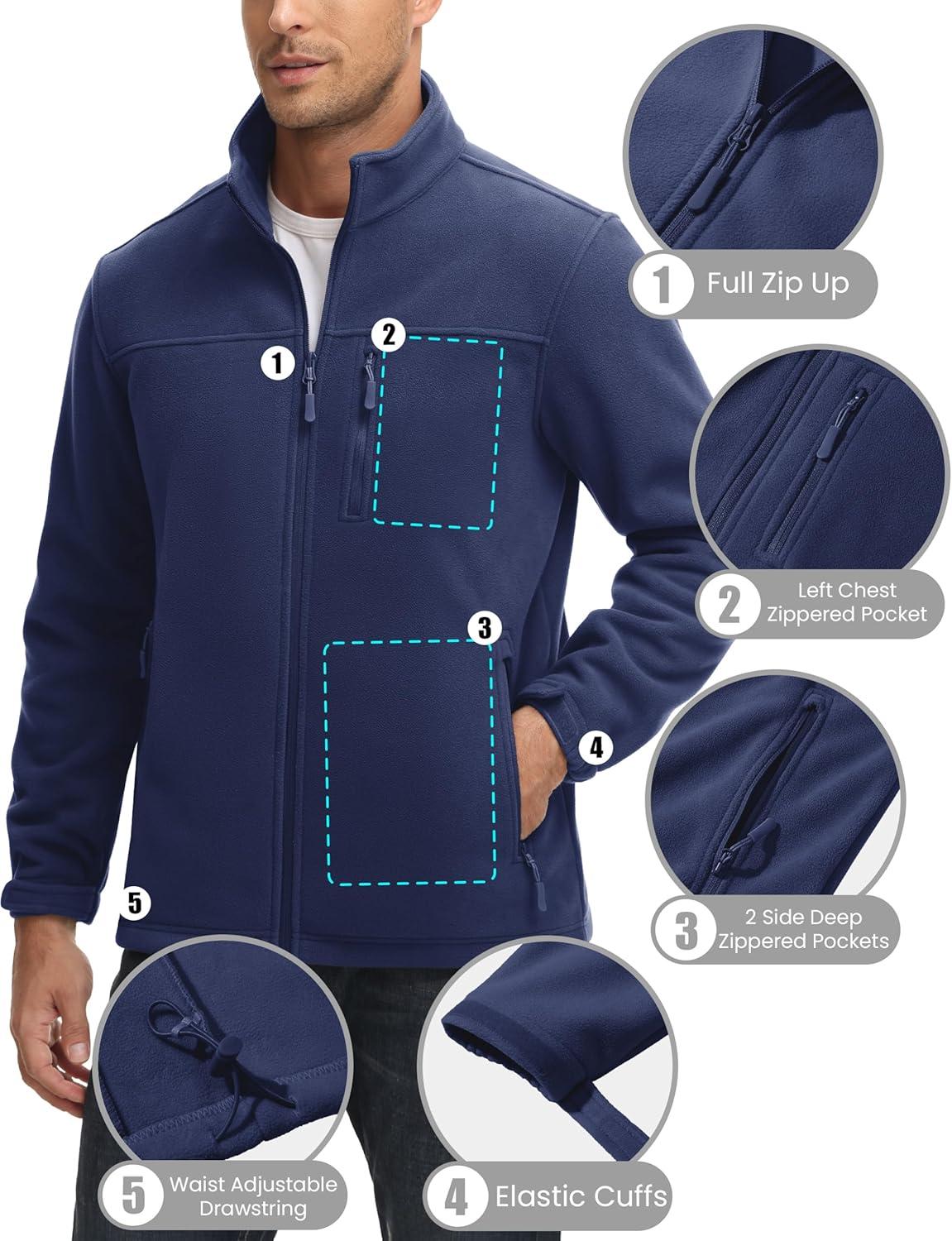 imageMAGCOMSEN Mens Winter Zip Up Polar Fleece Jacket Athletic Tactical Hiking Outdoor Jackets with 3 PocketsNavy