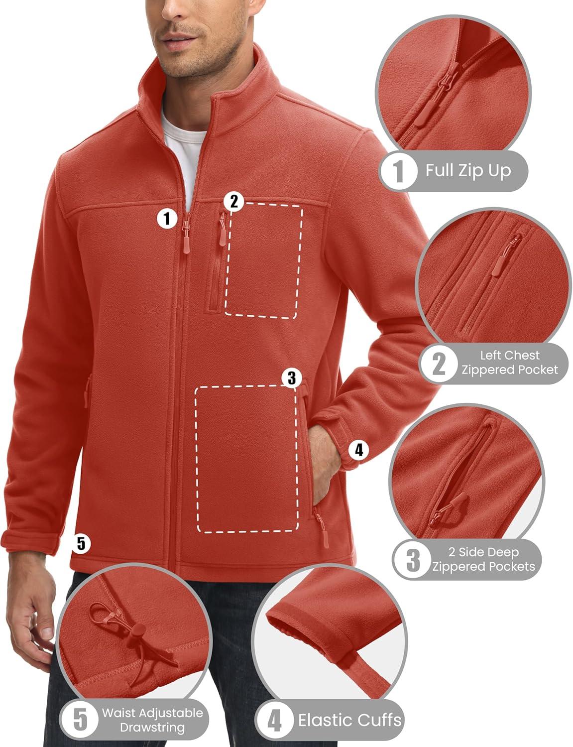 imageMAGCOMSEN Mens Winter Zip Up Polar Fleece Jacket Athletic Tactical Hiking Outdoor Jackets with 3 PocketsOrange Red