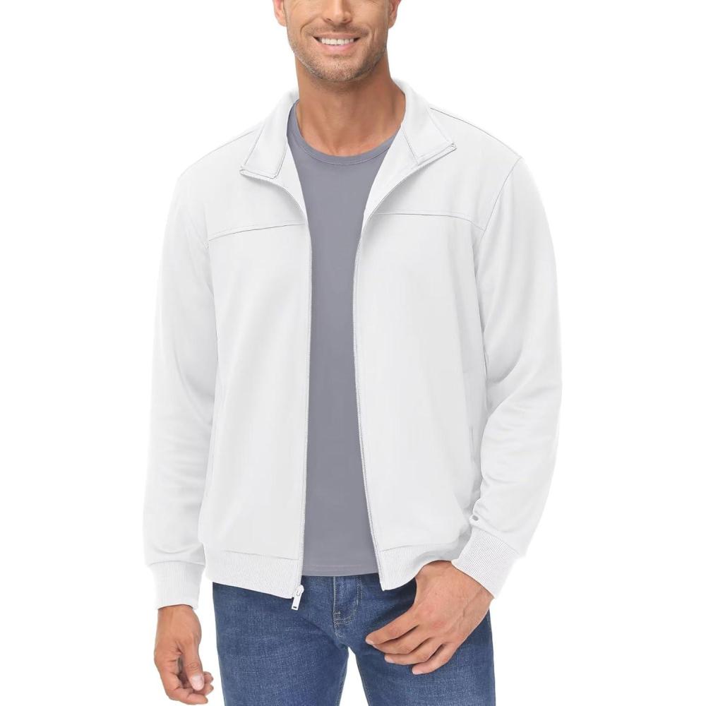 imageMAGCOMSEN Mens Track Jackets Lightweight FullZip Casual Coat Workout Running Athletic Active Jacket With PocketsWhite