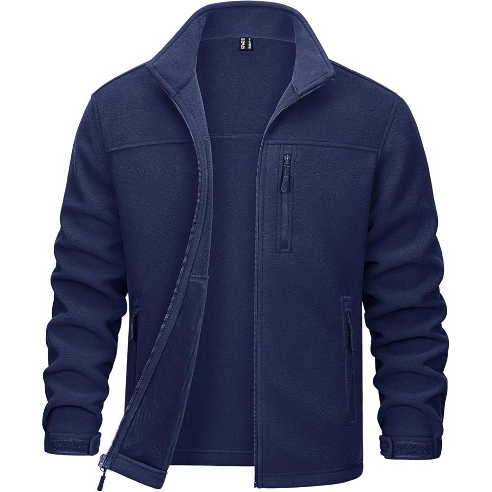 imageMAGCOMSEN Mens Winter Zip Up Polar Fleece Jacket Athletic Tactical Hiking Outdoor Jackets with 3 PocketsNavy