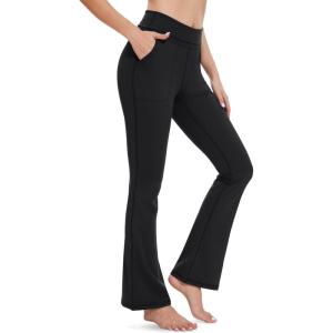 imageMAGCOMSEN Leggings for Women Flare Yoga Pants Foldover High Waisted Tummy Control Pants with Pockets CasualBlack