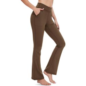 imageMAGCOMSEN Leggings for Women Flare Yoga Pants Foldover High Waisted Tummy Control Pants with Pockets CasualDark Brown