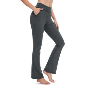 imageMAGCOMSEN Leggings for Women Flare Yoga Pants Foldover High Waisted Tummy Control Pants with Pockets CasualDark Grey