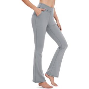 imageMAGCOMSEN Leggings for Women Flare Yoga Pants Foldover High Waisted Tummy Control Pants with Pockets CasualLight Gray