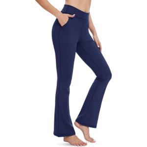 imageMAGCOMSEN Leggings for Women Flare Yoga Pants Foldover High Waisted Tummy Control Pants with Pockets CasualNavy