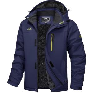 imageMAGCOMSEN Mens Winter Jacket Ski Snow Waterproof Fleece Coats Snowboard Warm Parka Raincoats with Hood 5 PocketsDark Blue