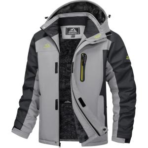 imageMAGCOMSEN Mens Winter Jacket Ski Snow Waterproof Fleece Coats Snowboard Warm Parka Raincoats with Hood 5 PocketsLight Grey
