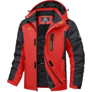 imageMAGCOMSEN Mens Winter Jacket Ski Snow Waterproof Fleece Coats Snowboard Warm Parka Raincoats with Hood 5 PocketsRed