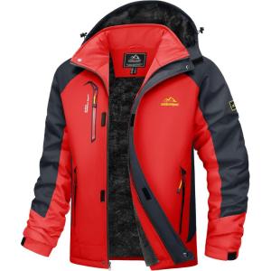 imageMAGCOMSEN Mens Winter Jacket Water Resistant Ski Snow Coat Warm Fleece Parka Raincoats with Hood MultiPocketsRed