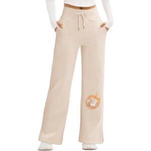imageMAGCOMSEN Womens Fleece Lined Sweatpants Wide Leg Warm Winter Cotton High Waisted Lounge Straight Leg Pants PocketsApricot