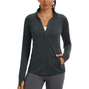 imageMAGCOMSEN Womens UPF 50 Athletic Jackets Full Zip Lightweight Workout Jacket SPF Sun Protection Shirts Hiking RunningBlack