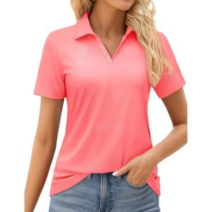 imageMAGCOMSEN Womens Golf Shirts Short Sleeve Polo Collared Tennis Shirt V Neck Quick Dry Sun Protection UPF 50Pink