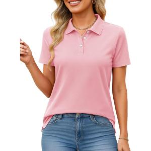 imageMAGCOMSEN Womens Polo Shirts Cotton Short Sleeve Shirt 3 Buttons Collared Shirts Summer Casual Wicking Golf TopsLightpink