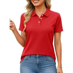 imageMAGCOMSEN Womens Polo Shirts Cotton Short Sleeve Shirt 3 Buttons Collared Shirts Summer Casual Wicking Golf TopsRed