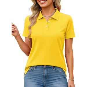 imageMAGCOMSEN Womens Polo Shirts Cotton Short Sleeve Shirt 3 Buttons Collared Shirts Summer Casual Wicking Golf TopsYellow