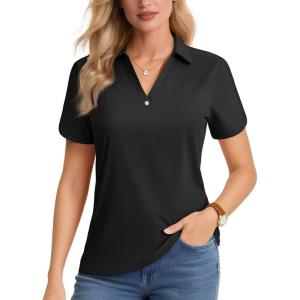imageMAGCOMSEN Womens Polo Shirts Short Sleeve UPF 50 Sun Protection Golf Shirt V Neck Collared Tops Dry FitBlack
