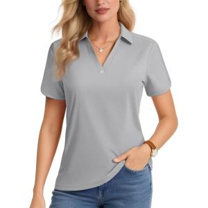 imageMAGCOMSEN Womens Polo Shirts Short Sleeve UPF 50 Sun Protection Golf Shirt V Neck Collared Tops Dry FitLight Grey