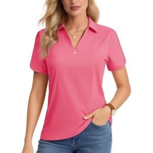 imageMAGCOMSEN Womens Polo Shirts Short Sleeve UPF 50 Sun Protection Golf Shirt V Neck Collared Tops Dry FitRose Red