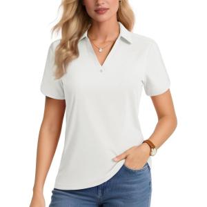 imageMAGCOMSEN Womens Polo Shirts Short Sleeve UPF 50 Sun Protection Golf Shirt V Neck Collared Tops Dry FitWhite