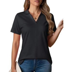 imageMAGCOMSEN Womens Polo Shirts VNeck Short Sleeve UPF 50 Sun Protection Collared Golf Shirt Work Summer TopsBlack