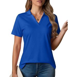 imageMAGCOMSEN Womens Polo Shirts VNeck Short Sleeve UPF 50 Sun Protection Collared Golf Shirt Work Summer TopsColorblue