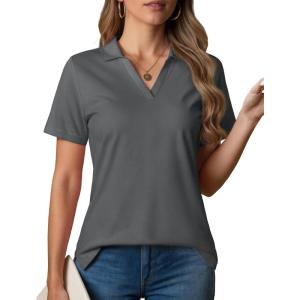 imageMAGCOMSEN Womens Polo Shirts VNeck Short Sleeve UPF 50 Sun Protection Collared Golf Shirt Work Summer TopsDark Grey
