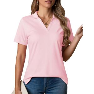 imageMAGCOMSEN Womens Polo Shirts VNeck Short Sleeve UPF 50 Sun Protection Collared Golf Shirt Work Summer TopsLightpink