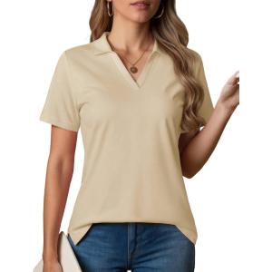 imageMAGCOMSEN Womens Polo Shirts VNeck Short Sleeve UPF 50 Sun Protection Collared Golf Shirt Work Summer TopsLtkhaki