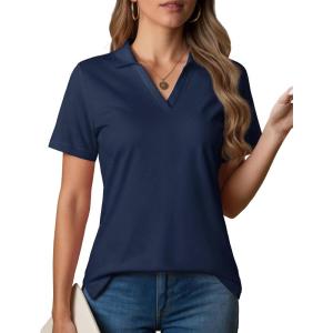 imageMAGCOMSEN Womens Polo Shirts VNeck Short Sleeve UPF 50 Sun Protection Collared Golf Shirt Work Summer TopsNavy