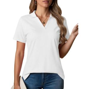 imageMAGCOMSEN Womens Polo Shirts VNeck Short Sleeve UPF 50 Sun Protection Collared Golf Shirt Work Summer TopsWhite