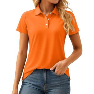 imageMAGCOMSEN Womens Polo Shirts UPF 50 Sun Protection 4 Buttons Casual Work Quick Dry Short Sleeve Collared Golf ShirtOrange